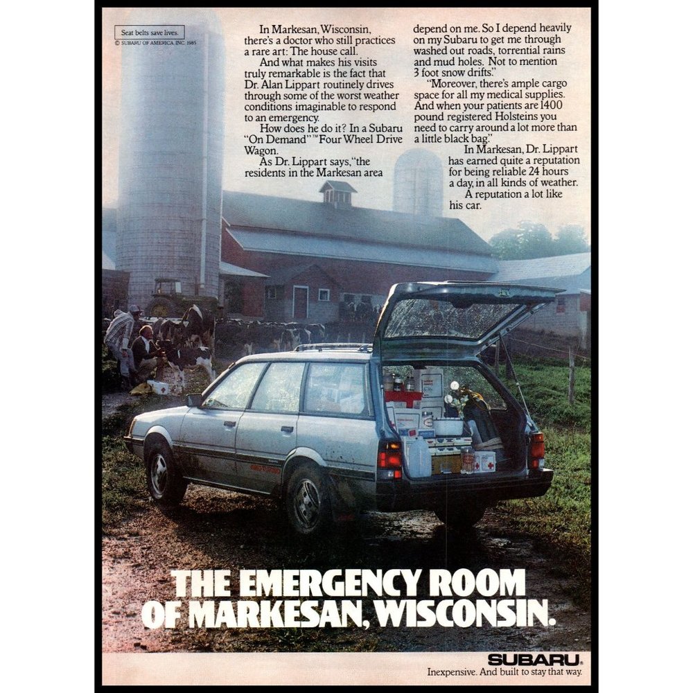 1986 Subaru Station Wagon Vintage Print Ad Wisconsin Dairy Farm Barn Wall Art